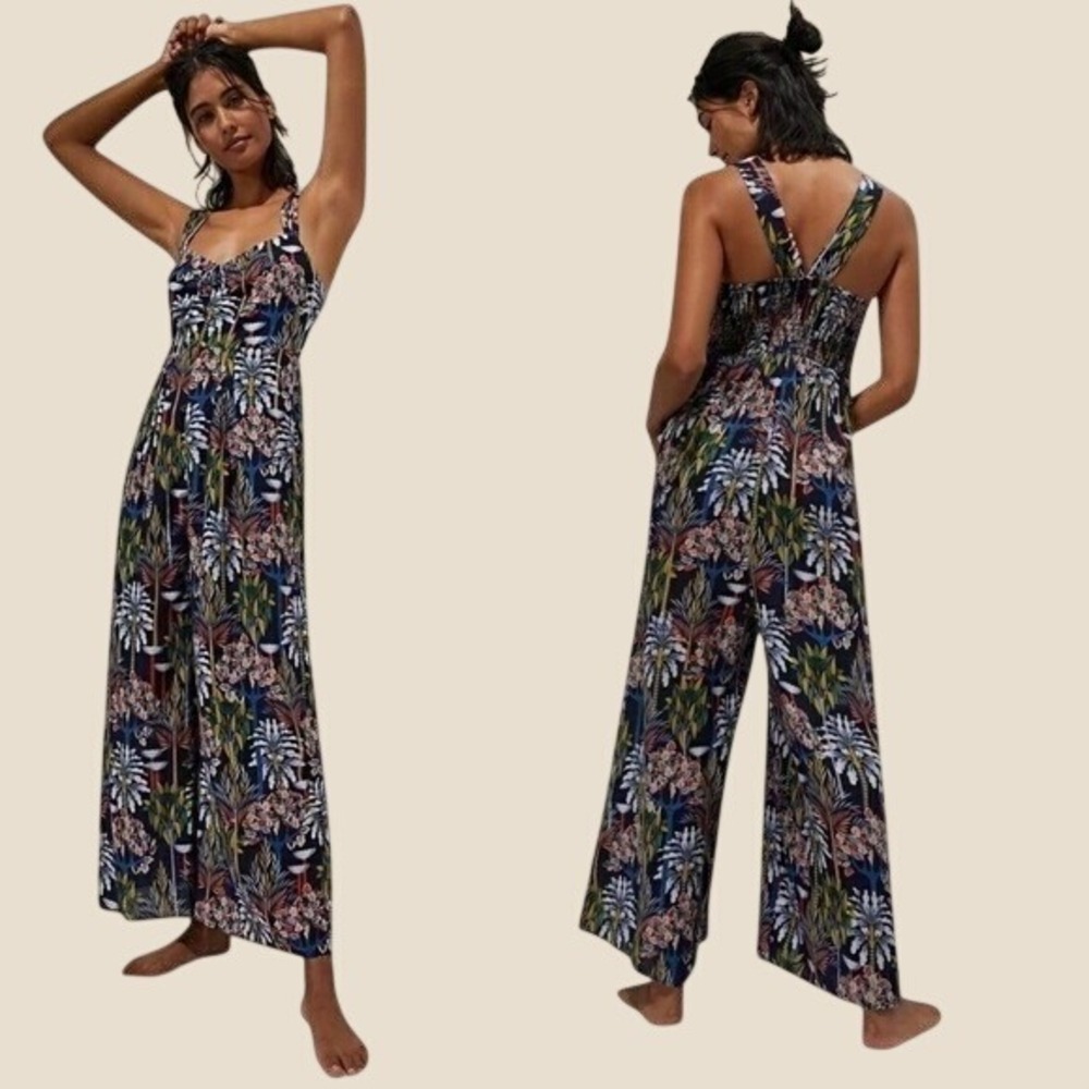 Anthropologie Lala Sleep Jumpsuit XL Bohemian Boho Chic Slouchy Smocked Wide Leg